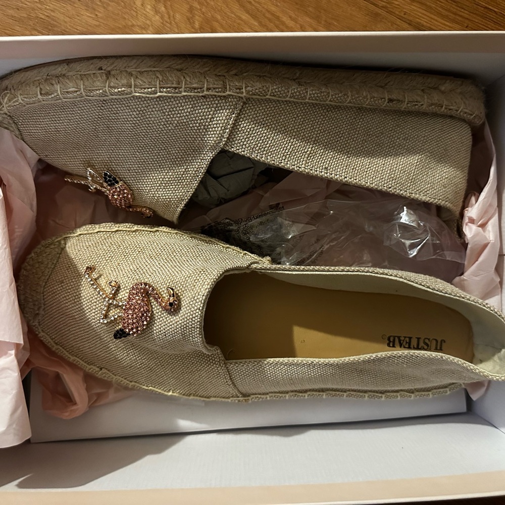 JustFab Beige Espadrille Flats with Flamingo Embroidery